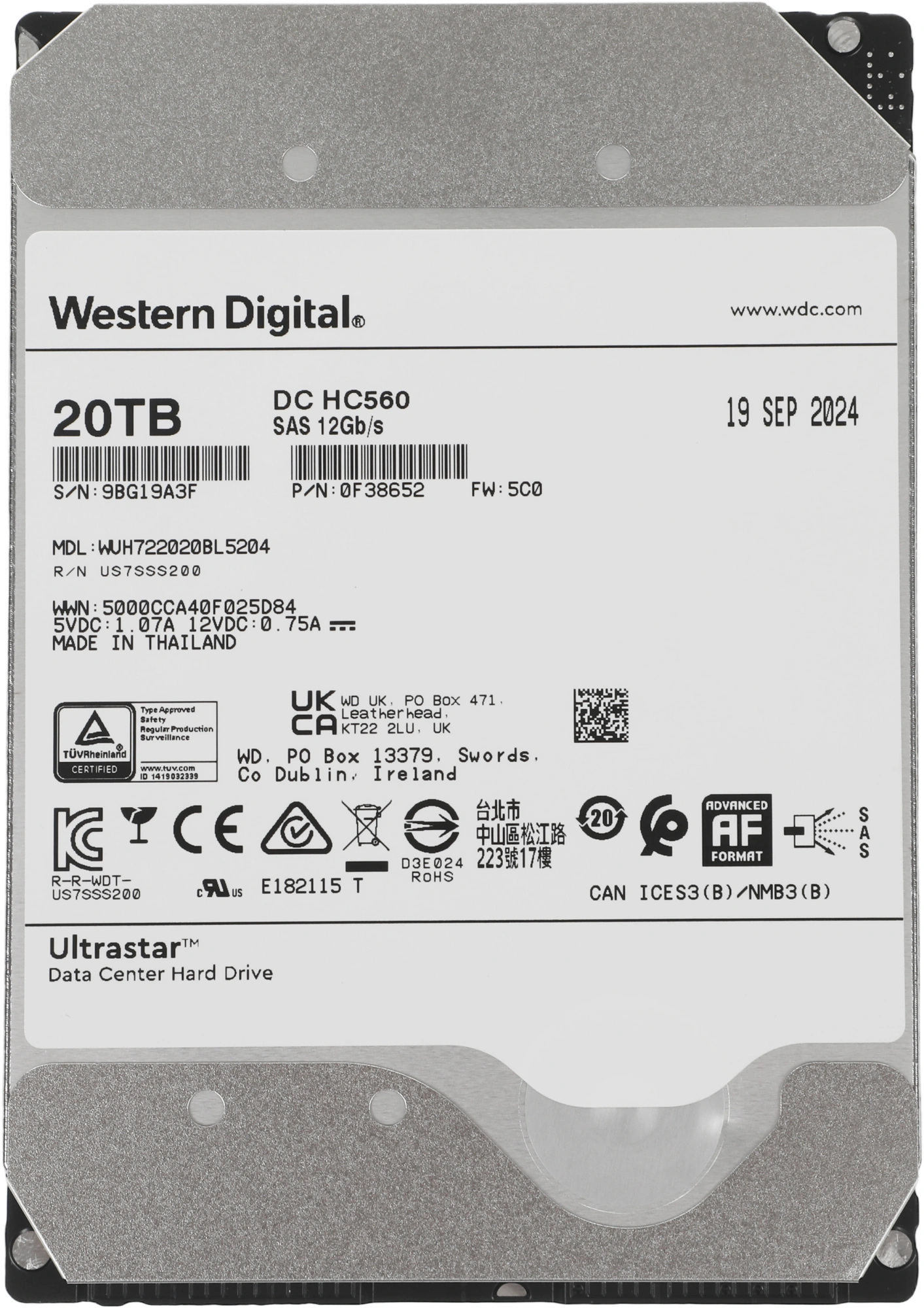 Жесткий диск WD SAS 3.0 20TB 0F38652 WUH722020BL5204 Server Ultrastar DC HC560 512E (7200rpm) 512Mb 3.5"