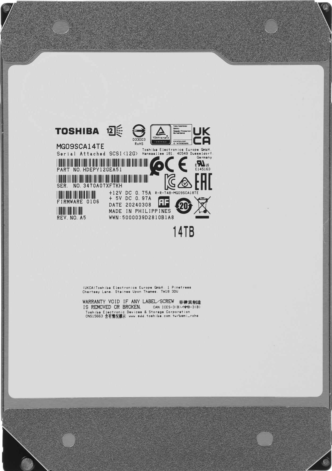 Жесткий диск Toshiba SAS 3.0 14TB MG09SCA14TE Server Enterprise Capacity (7200rpm) 512Mb 3.5" Bulk
