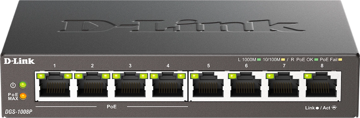 Коммутатор D-Link DGS-1008P DGS-1008P/F3A (L2) 8x1Гбит/с 4PoE+ 60W неуправляемый
