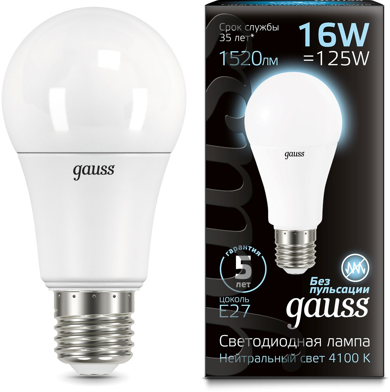 Лампа светодиодная Gauss A60 16Вт цок.:E27 груша 220B св.свеч.бел.нейт. (упак.:1шт) (102502216)