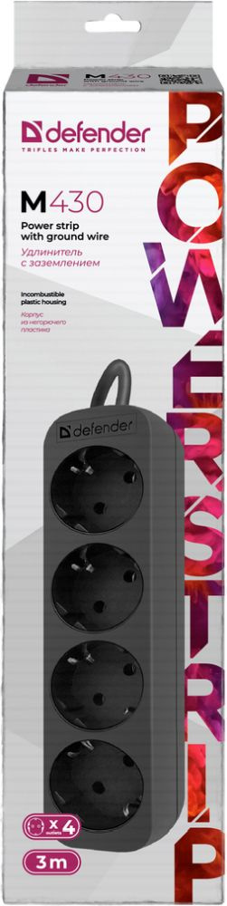 Сетевой удлинитель Defender M430 3м (4 розетки) черный (коробка)