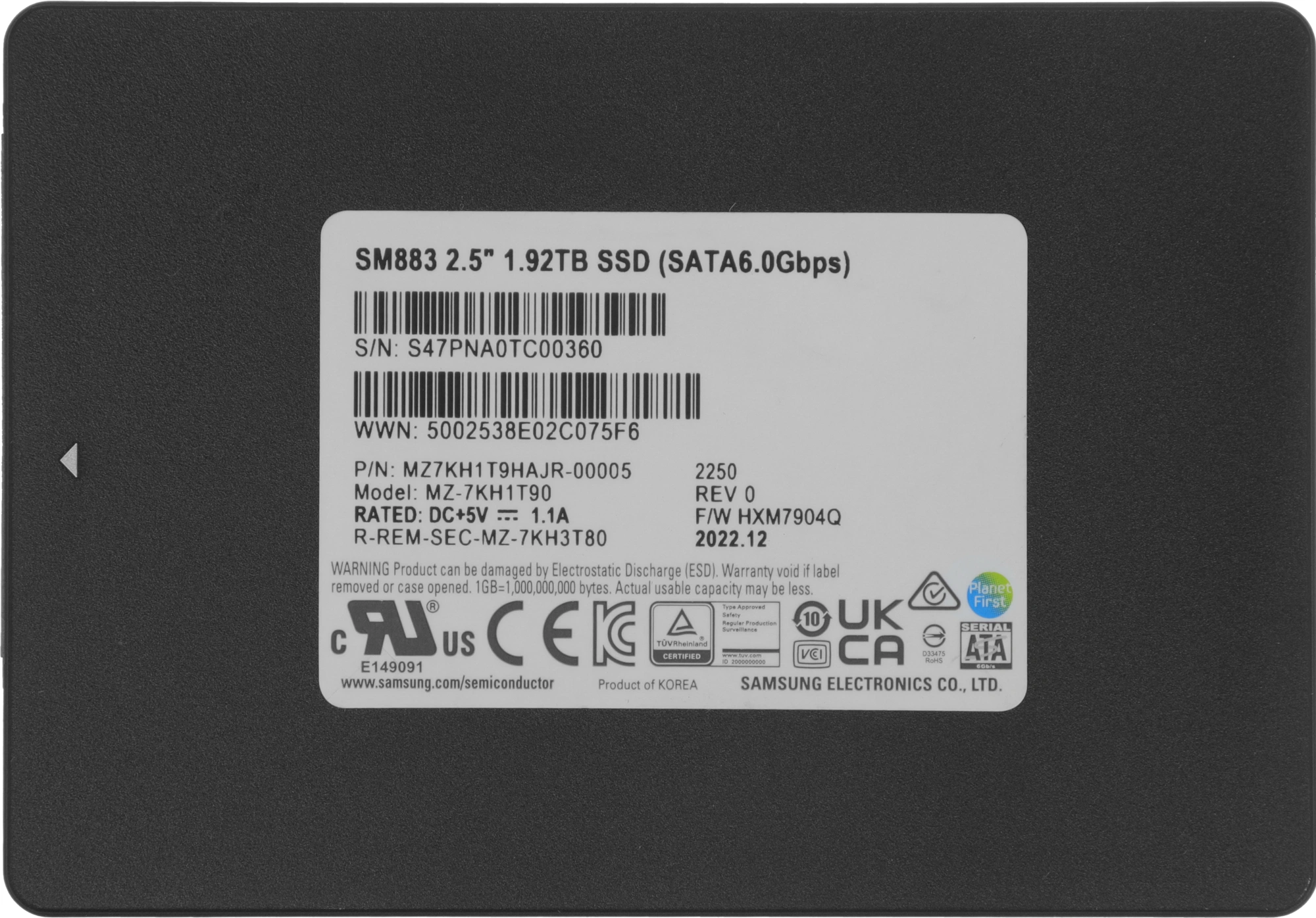 Накопитель SSD Samsung SATA-III 1.92TB MZ7KH1T9HAJR-00005 SM883 2.5" 3 DWPD OEM