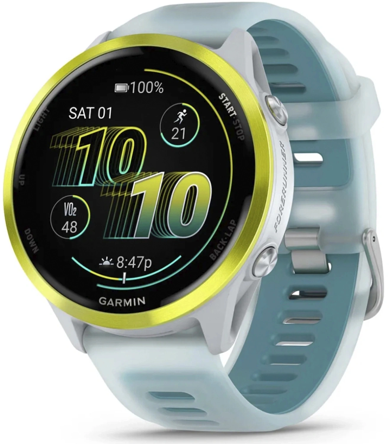 Смарт-часы Garmin Forerunner 570 47мм 1.4" AMOLED корп.золото белое рем.бирюзовый разм.брасл.:135-205мм (010-02971-01)