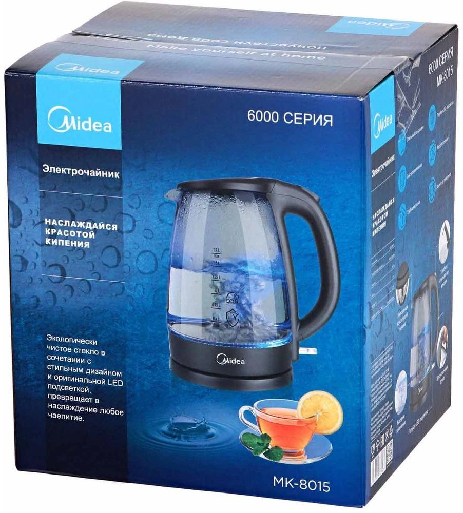Чайник электрический Midea MK-8015 1.7л. 2200Вт черный корпус: стекло/пластик