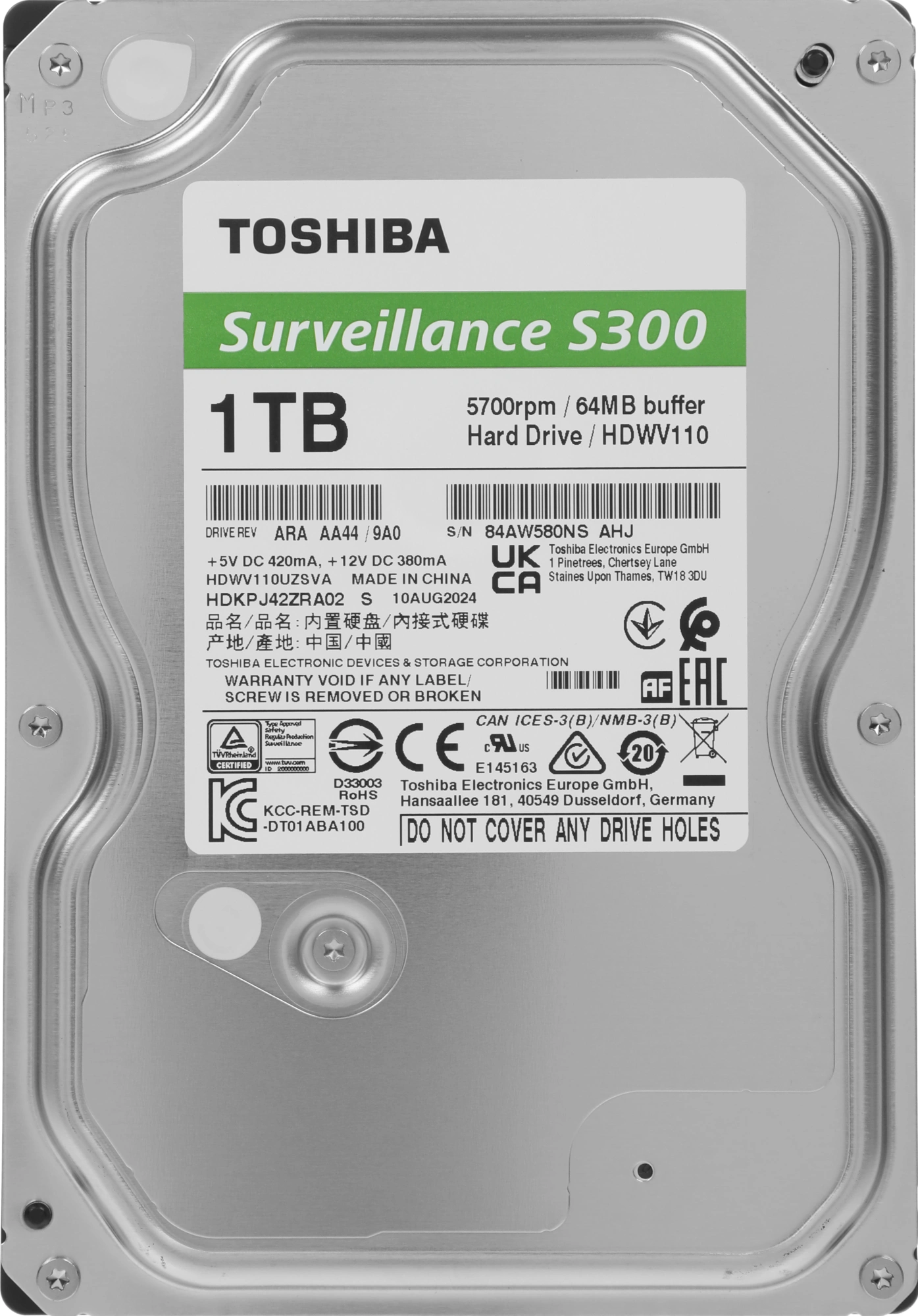 Жесткий диск Toshiba SATA-III 1TB HDWV110UZSVA Surveillance S300 (5700rpm) 64Mb 3.5"
