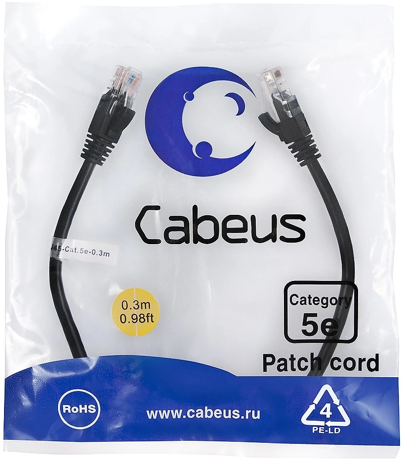 Патч-корд Cabeus PC-UTP-RJ45-Cat.5e-0.3m-BK-LSZH U/UTP RJ-45 вил.-вилка RJ-45 кат.5E 0.3м черный LSZH
