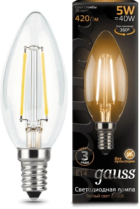 Лампа филам. Gauss Filament 5Вт цок.:E14 свеча 220B св.свеч.бел.теп. (упак.:1шт) (103801105)