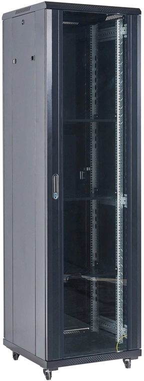 Шкаф коммутационный Rexant (04-1866-212) напольный 18U 600x600мм пер.дв.стекл 2 бок.пан. металл направл.под винты 800кг черный 46кг 230град. 987мм IP20 сталь