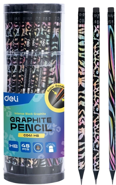 Карандаш ч/г Deli EC041-HB 2.2мм HB кругл. черный Animal Texture ластик