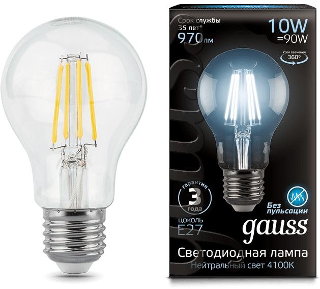 Лампа филам. Gauss Filament A60 10Вт цок.:E27 груша 220B св.свеч.бел.нейт. (упак.:1шт) (102802210)