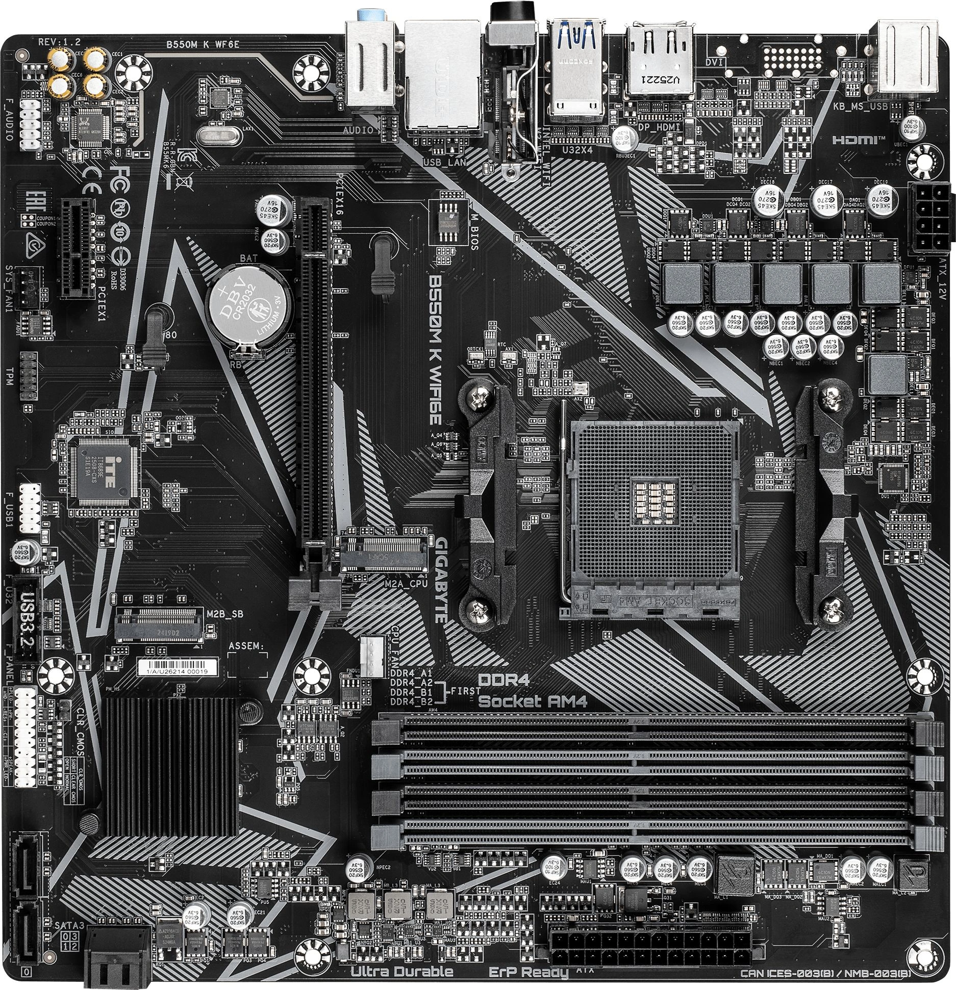 Материнская плата Gigabyte B550M K WF6E Soc-AM4 AMD B550 4xDDR4 mATX AC`97 8ch(7.1) GbLAN RAID+HDMI+DP