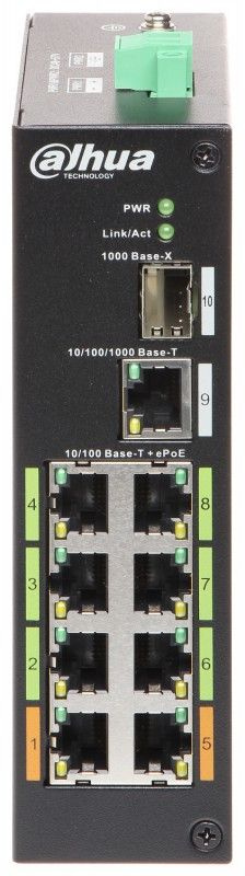 Коммутатор Dahua DH-LR2110-8ET-120 (L2) 1x100Мбит/с 8x1Гбит/с 1SFP 6PoE+ 2PoE++ 120W неуправляемый