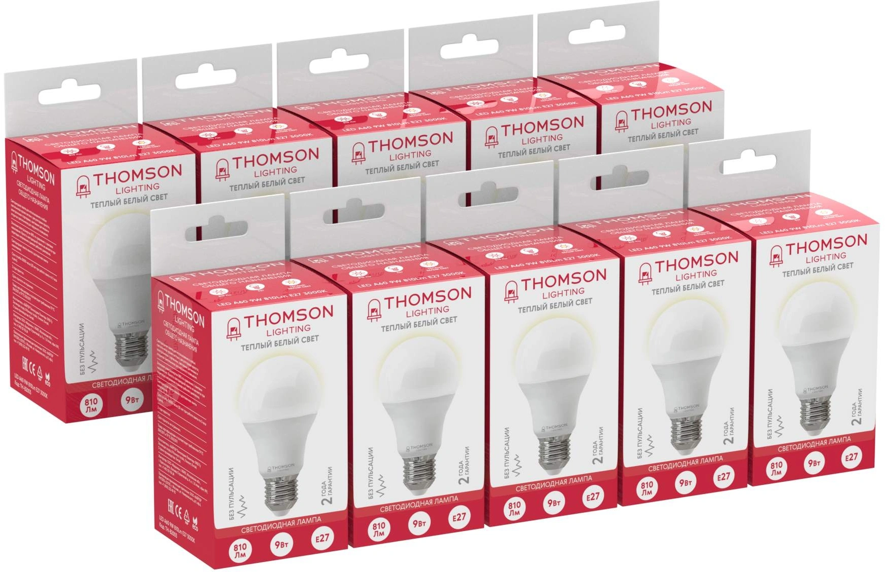 Лампа светодиодная Thomson B2003 9Вт цок.:E27 груша 220B св.свеч.бел.теп. A60 (упак.:10шт) (TH-B2003-10)