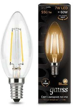 Лампа филам. Gauss Filament 7Вт цок.:E14 свеча 220B св.свеч.бел.теп. С35 (упак.:1шт) (103801107)