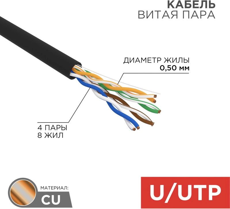 Кабель информационный Rexant 01-0045 кат.5E U/UTP 4 пары 24AWG PE внешний 305м черный