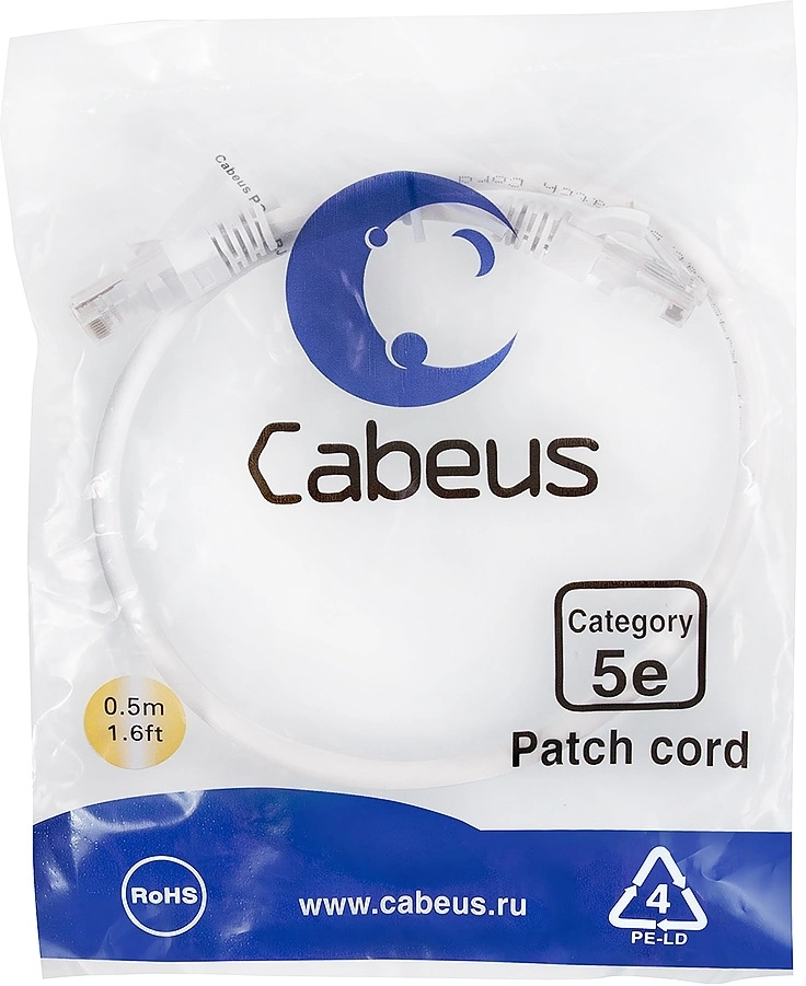 Патч-корд Cabeus PC-UTP-RJ45-Cat.5e-0.5m-WH-LSZH U/UTP RJ-45 вил.-вилка RJ-45 кат.5E 0.5м белый LSZH