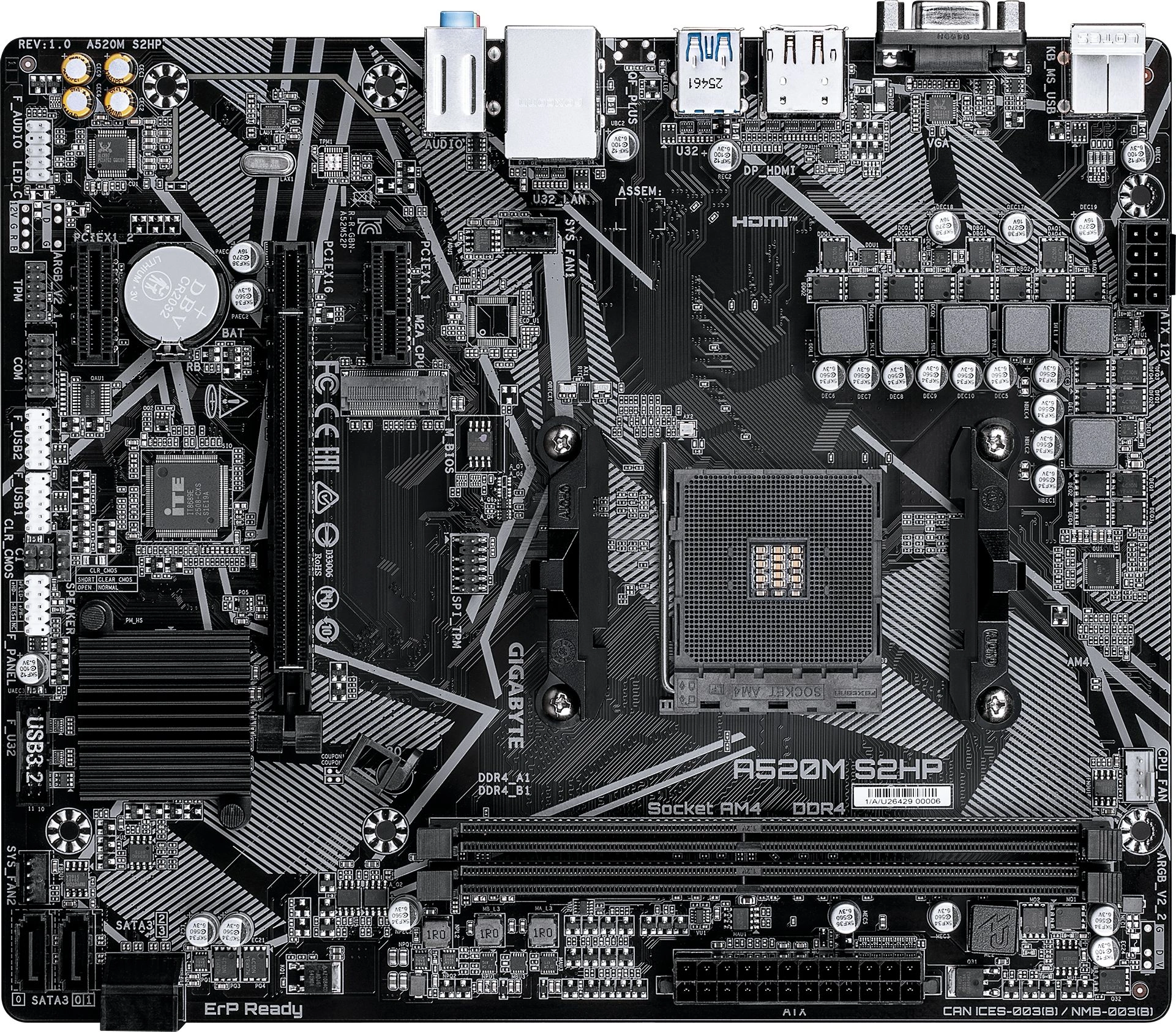 Материнская плата Gigabyte A520M S2HP Soc-AM4 AMD A520 2xDDR4 mATX AC`97 8ch(7.1) GbLAN RAID+VGA+HDMI+DP