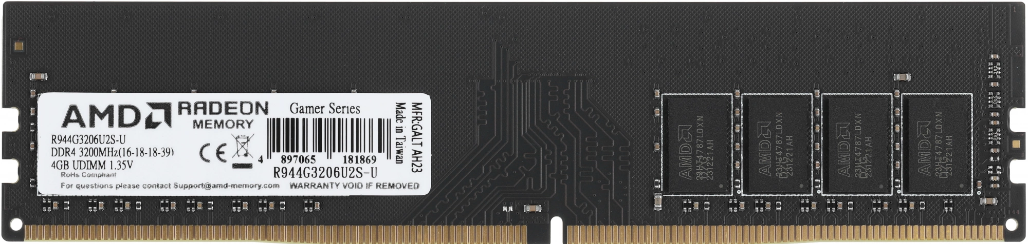 Память DDR4 4GB 3200MHz AMD R944G3206U2S-U Radeon R9 Gamer Series RTL Gaming PC4-25600 CL16 DIMM 288-pin 1.35В Ret