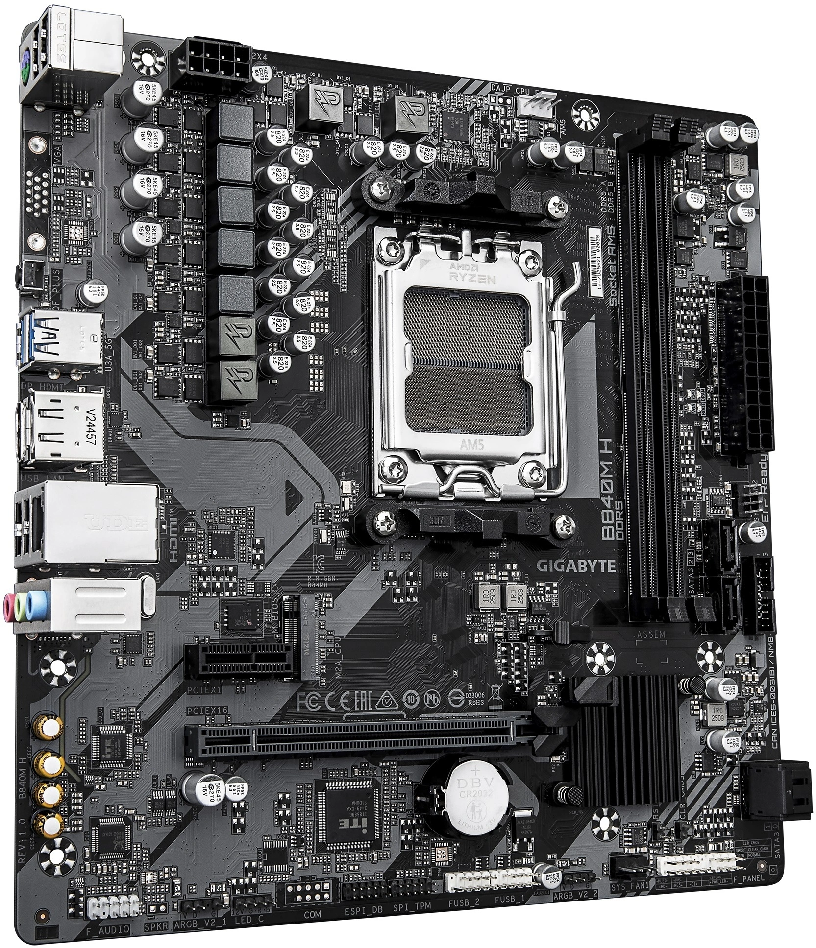 Материнская плата Gigabyte B840M H Socket AM5 AMD B840 2xDDR5 mATX AC`97 8ch(7.1) GbLAN RAID+HDMI+DP
