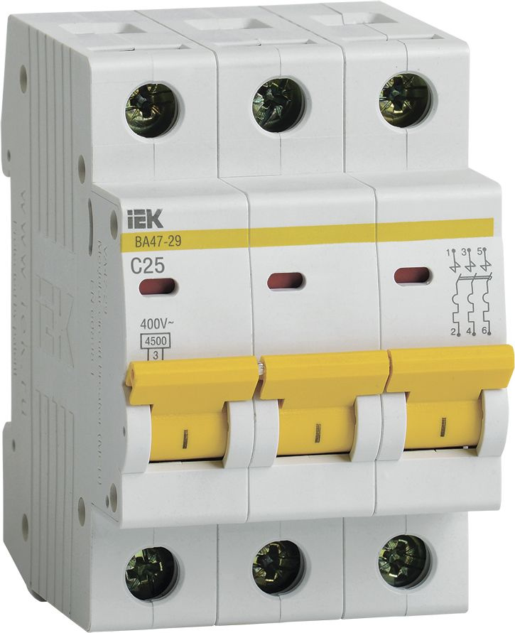 Выключатель автоматический IEK MVA20-3-025-C ВА47-29 25A тип C 4.5kA 3П 400В 3мод белый (упак.:1шт)