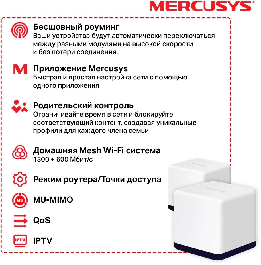 Бесшовный Mesh роутер Mercusys Halo H50G (HALO H50G(2-PACK)) AC1900 10/100/1000BASE-TX белый (упак.:2шт)