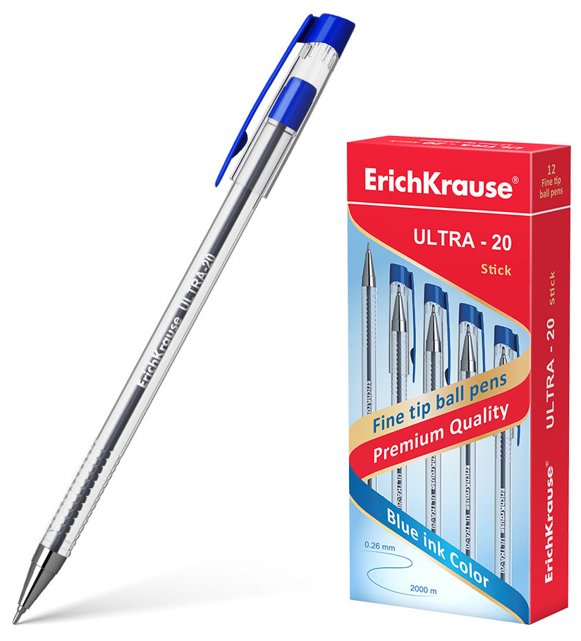 Ручка шариков. Erich Krause ULTRA-20 (13875) прозрачный d=0.7мм син. черн. линия 0.26мм