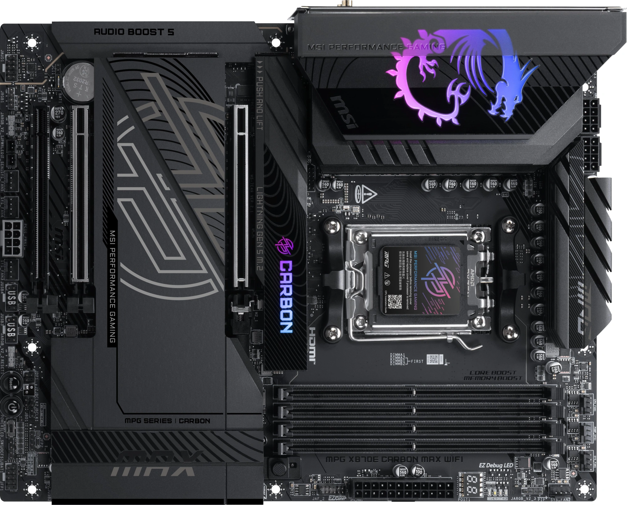 Материнская плата MSI MPG X870E CARBON MAX WIFI Socket AM5 AMD X870E 4xDDR5 ATX AC`97 8ch(7.1) 5Gigabit + 2.5Gigabit Ethernet RAID+HDMI