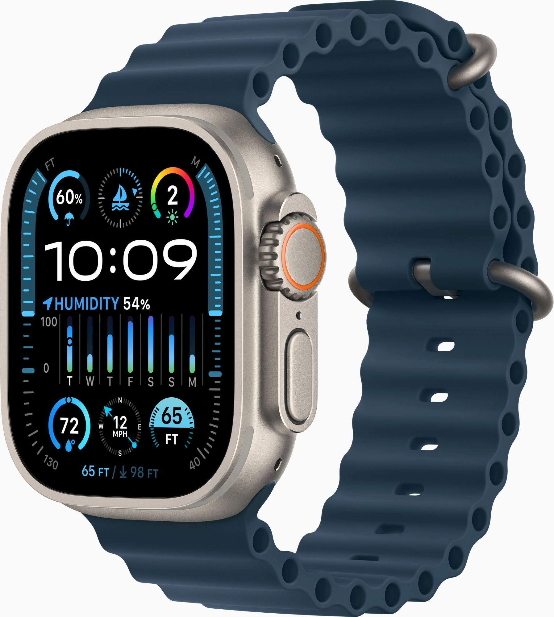 Смарт-часы Apple Watch Ultra 2 A2986 49мм OLED корп.титан Ocean band рем.синий разм.брасл.:130-200мм (MREG3LW/A)