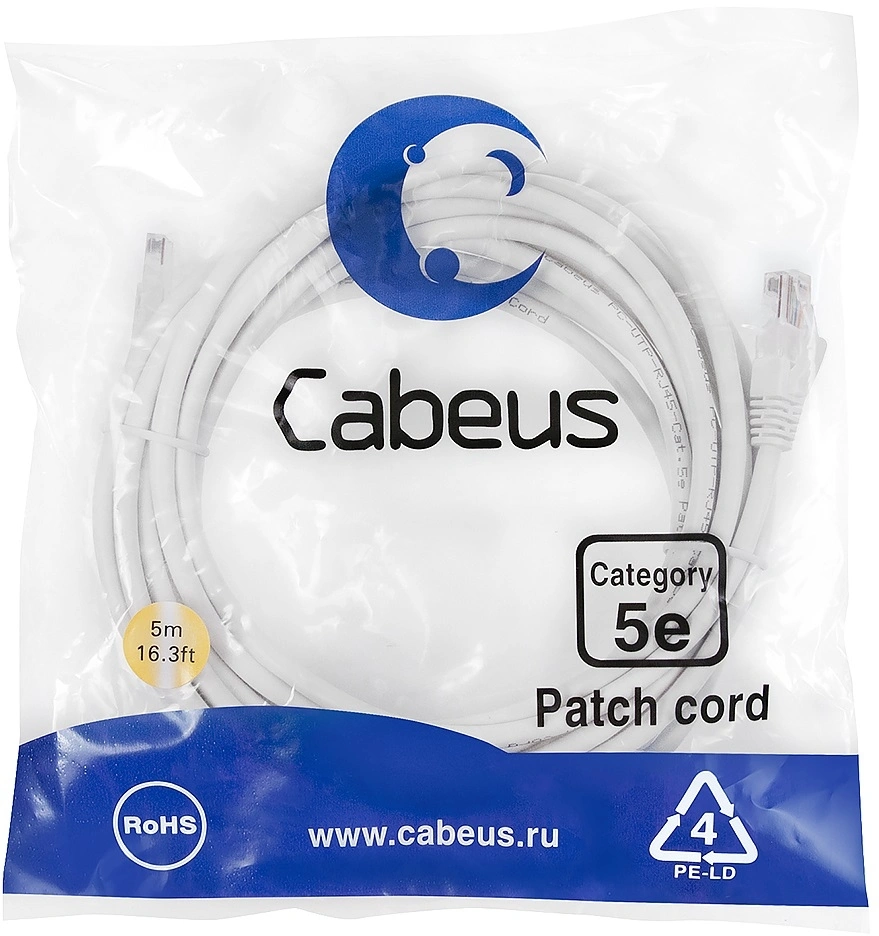Патч-корд Cabeus PC-UTP-RJ45-CAT.5E-5M-WH-LSZH U/UTP RJ-45 вил.-вилка RJ-45 кат.5E 5м белый LSZH