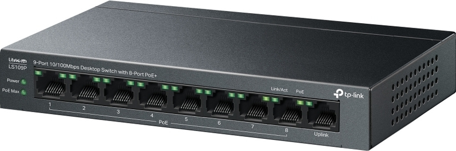 Коммутатор TP-Link LS109P (L2) 9x100Мбит/с 8PoE 8PoE+ 63W неуправляемый