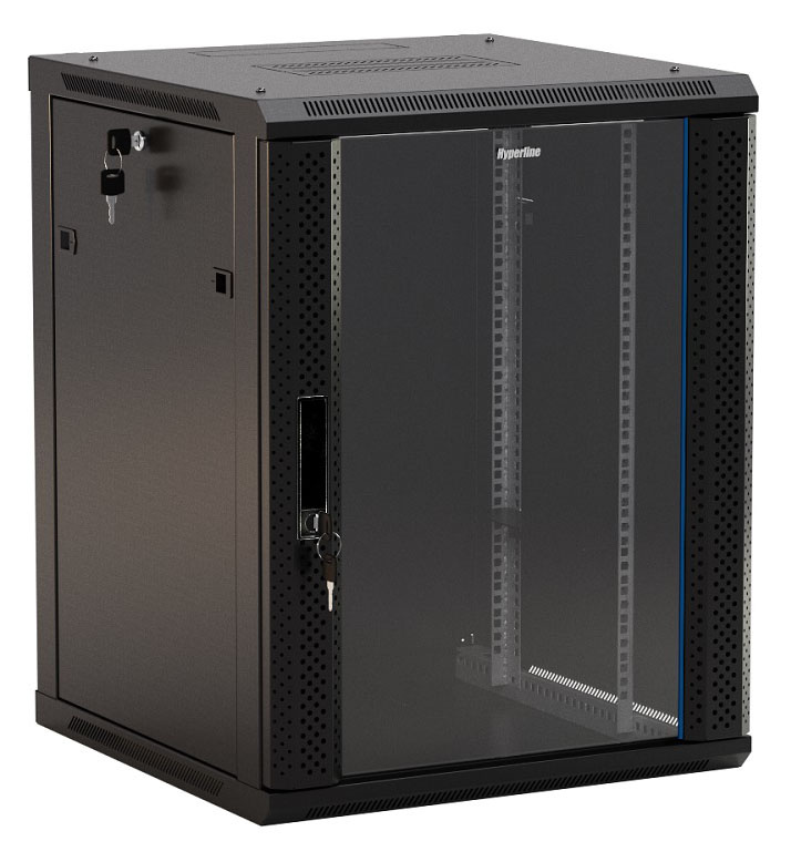 Шкаф коммутационный Hyperline (TWB-1266-GP-RAL9004) настенный 12U 600x600мм пер.дв.стекл 2 бок.пан. 60кг черный IP20 сталь