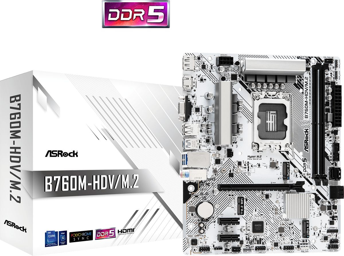 Материнская плата Asrock B760M-HDV/M.2 Soc-1700 Intel B760 2xDDR5 mATX AC`97 8ch(7.1) 2.5Gg RAID+VGA+HDMI+DP