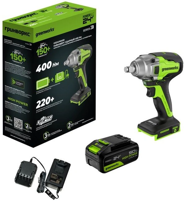 Гайковерт Greenworks GD24IW400 аккум. патрон:квад.1/2" (3802907CUG)