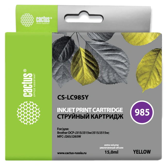 Картридж струйный Cactus CS-LC985Y желтый (15мл) для Brother DCPJ315W/DCPJ515W/MFCJ265W с чипом