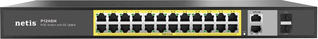 Коммутатор Netis P124GH (L2) 24x100Мбит/с 2x1Гбит/с 1xКомбо(1000BASE-T/SFP) 1SFP 24PoE 24PoE+ 360W неуправляемый