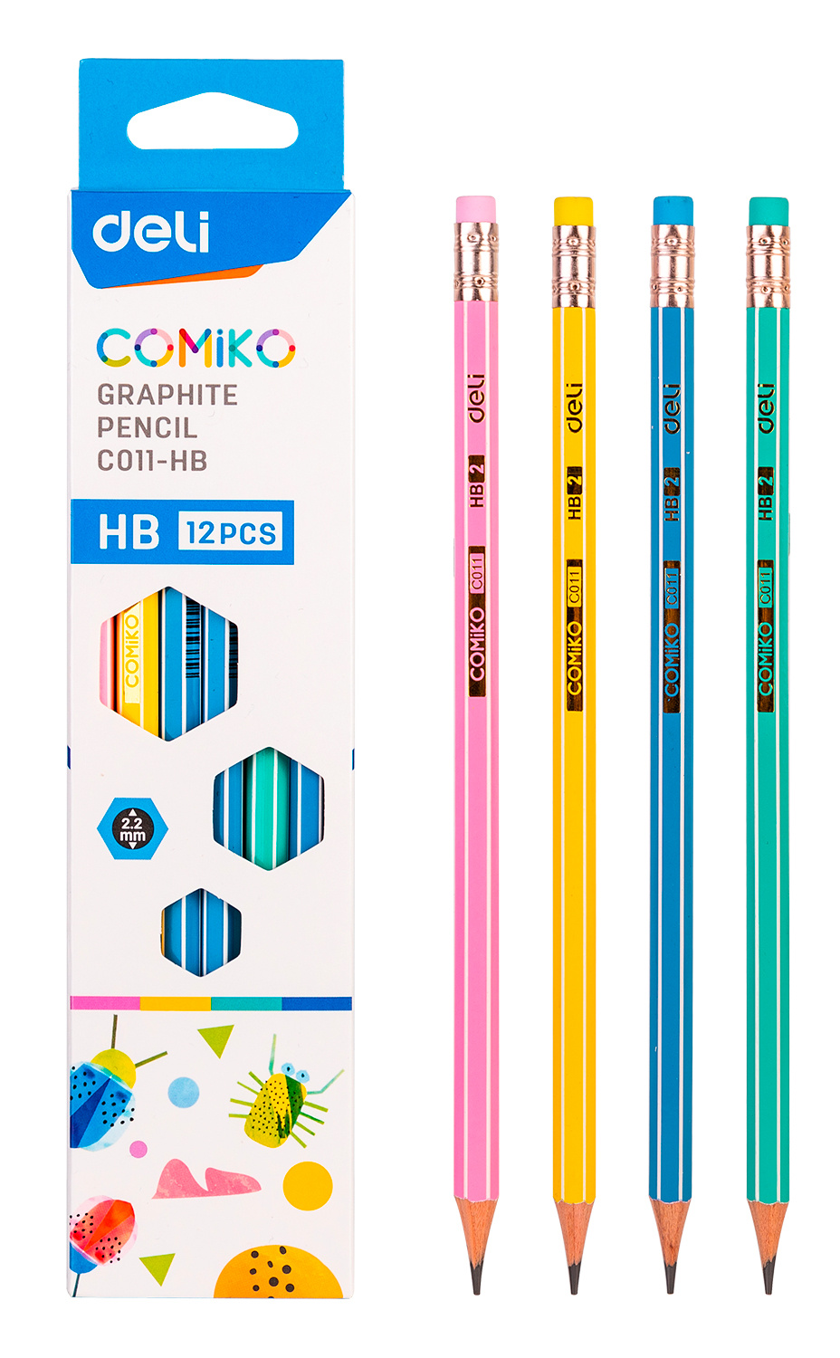 Карандаш ч/г Deli EC011-HB Comiko HB шестигран. липа ассорти кор.европод. (12шт) ластик