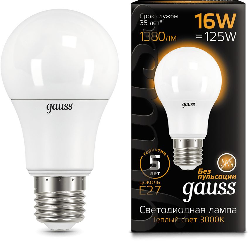 Лампа светодиодная Gauss A60 16Вт цок.:E27 груша 220B св.свеч.бел.теп. (упак.:1шт) (102502116)
