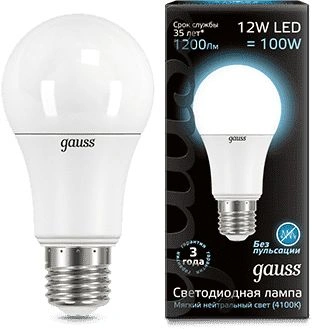 Лампа светодиодная Gauss A60 12Вт цок.:E27 груша 220B св.свеч.бел.нейт. A60 (упак.:1шт) (102502212)