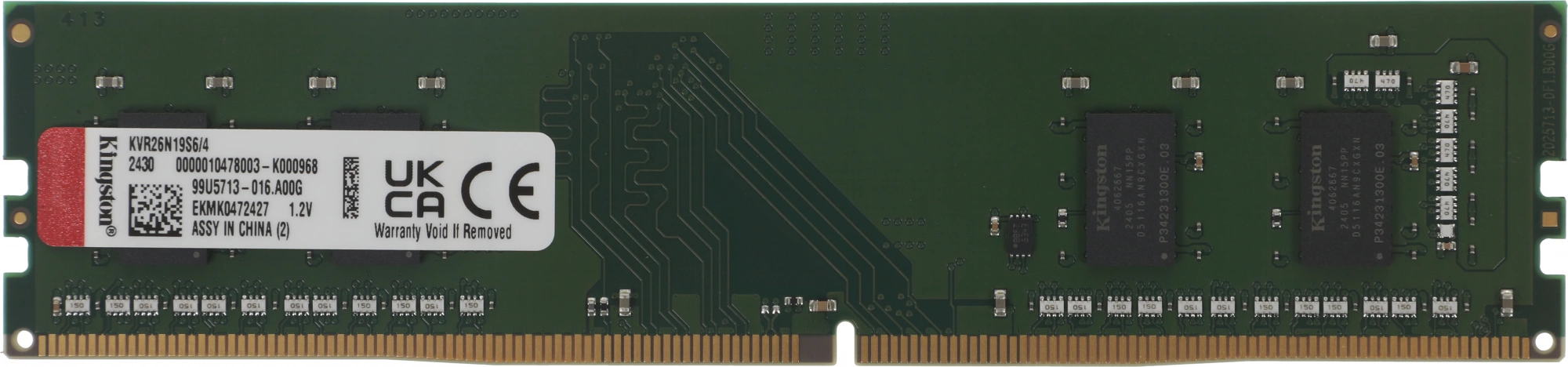 Память DDR4 4GB 2666MHz Kingston KVR26N19S6/4 VALUERAM RTL PC4-21300 CL19 DIMM 288-pin 1.2В single rank Ret