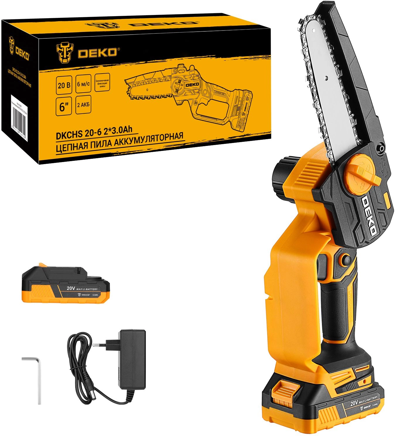 Цепная пила Deko DKCHS 20-6 аккум. дл.шины:6" (15.2cm) 2аккум. 3Ач ЗУ (063-4481-1)