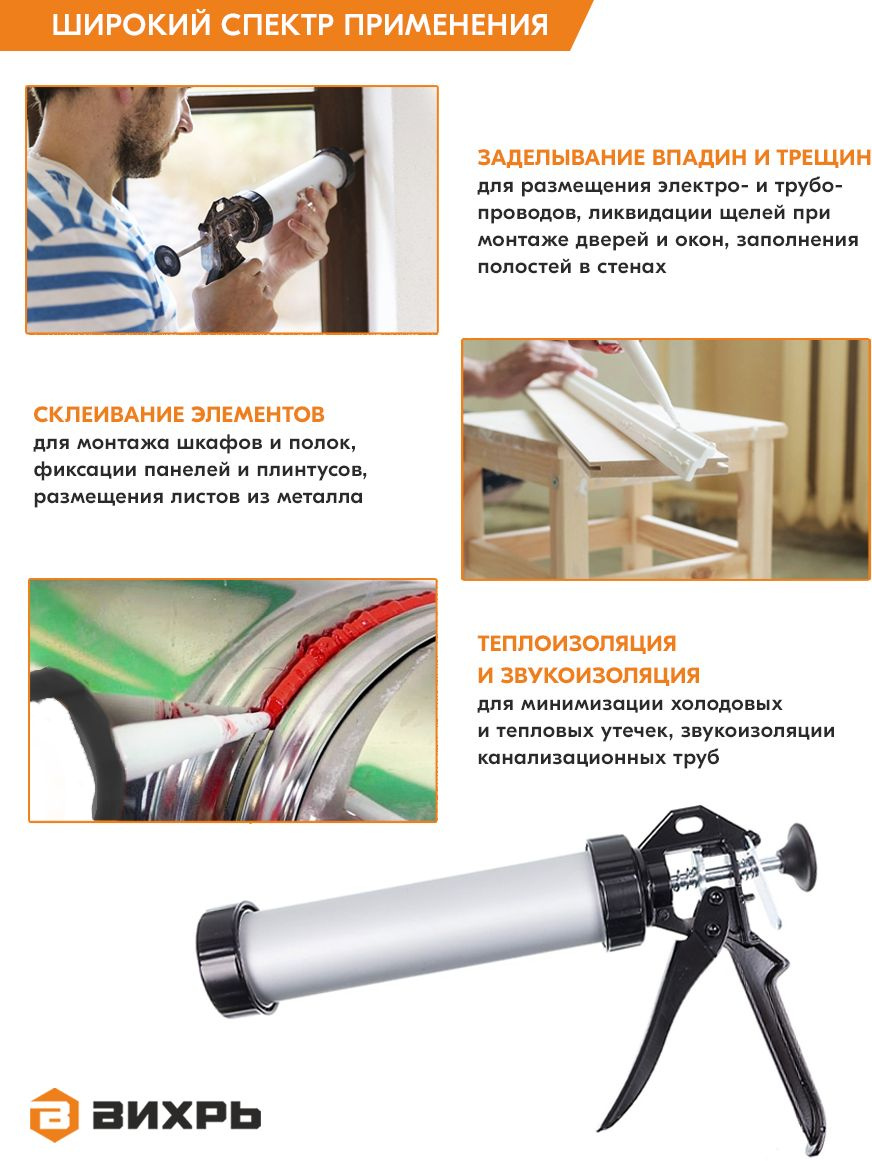 Пистолет для герметика Вихрь 73/3/6/2 механический закрытый серебристый/черный