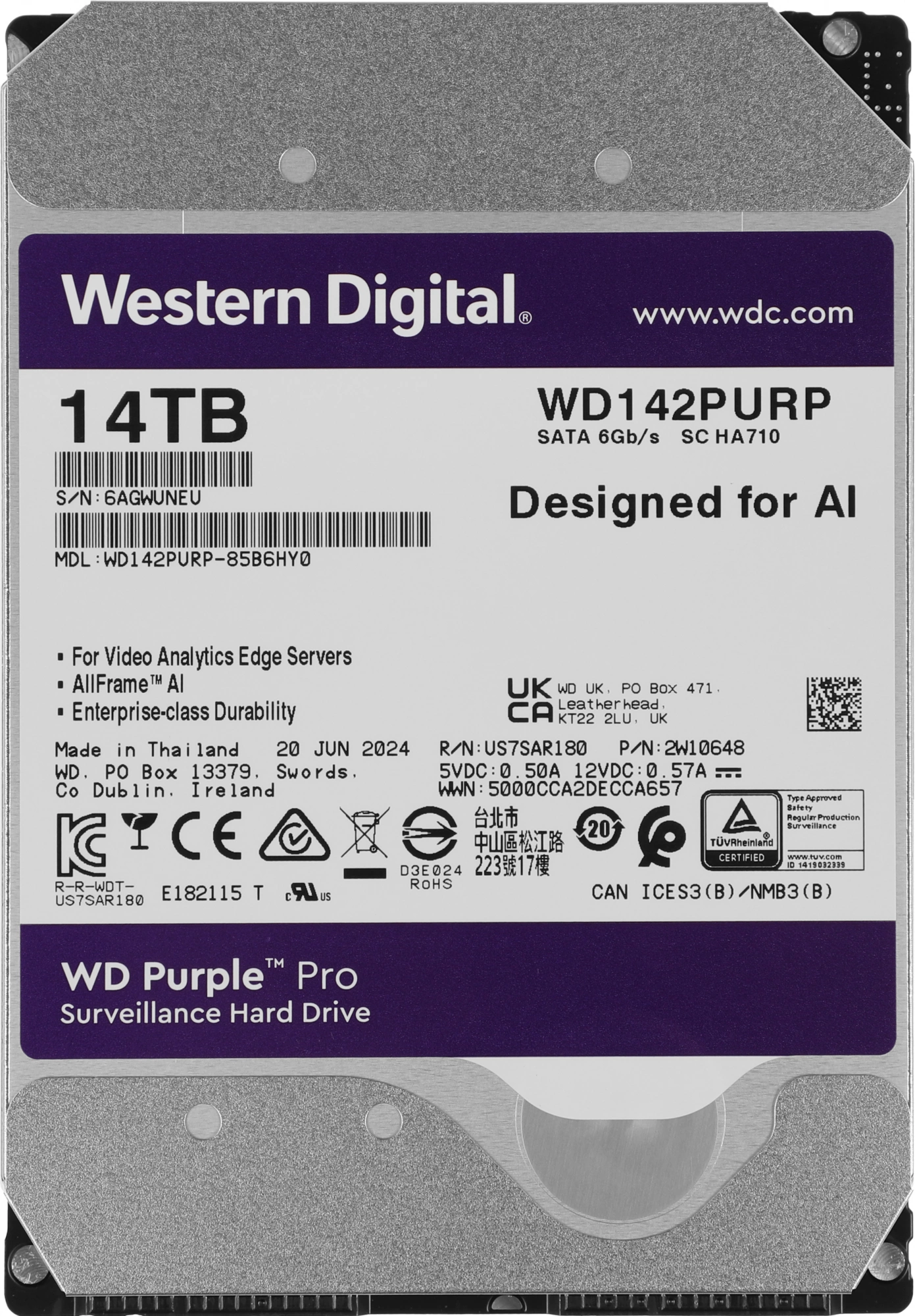 Жесткий диск WD SATA-III 14TB WD142PURP Surveillance Purple Pro (7200rpm) 512Mb 3.5"