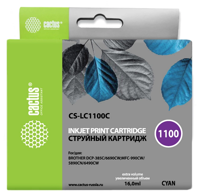 Картридж струйный Cactus CS-LC1100C голубой (16мл) для Brother DCP-385c/6690cw/MFC-990/5890/5895/6490 с чипом