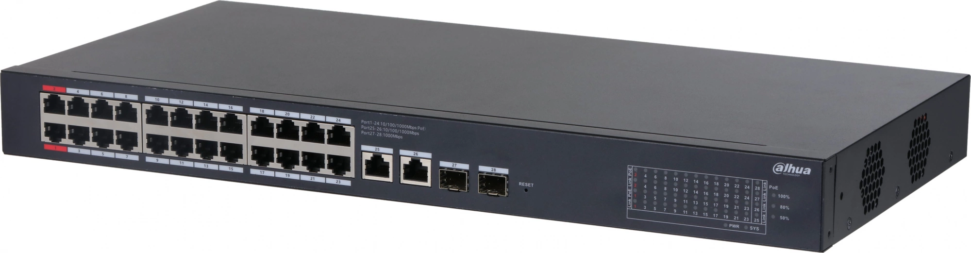 Коммутатор Dahua DH-CS4228-24GT-240 (L2) 26x1Гбит/с 2xКомбо(1000BASE-T/SFP) 24PoE 265W управляемый