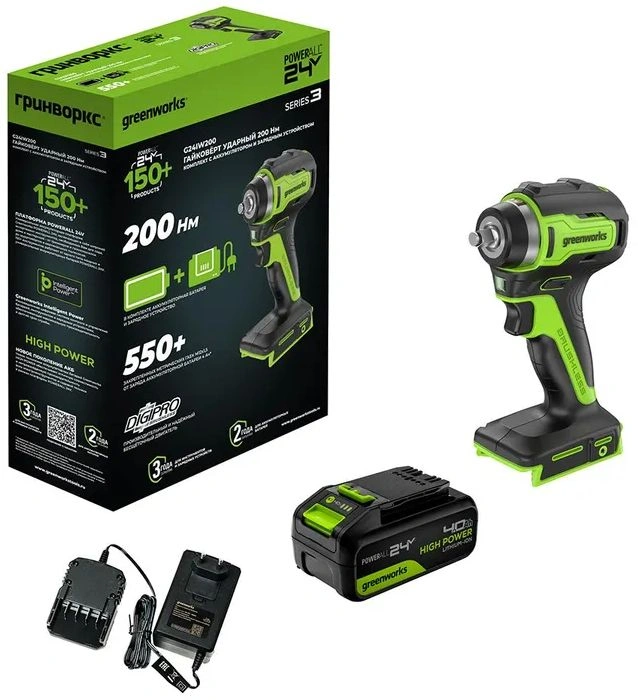 Гайковерт Greenworks G24IW200 аккум. патрон:квад.3/8" (3803607CUB)