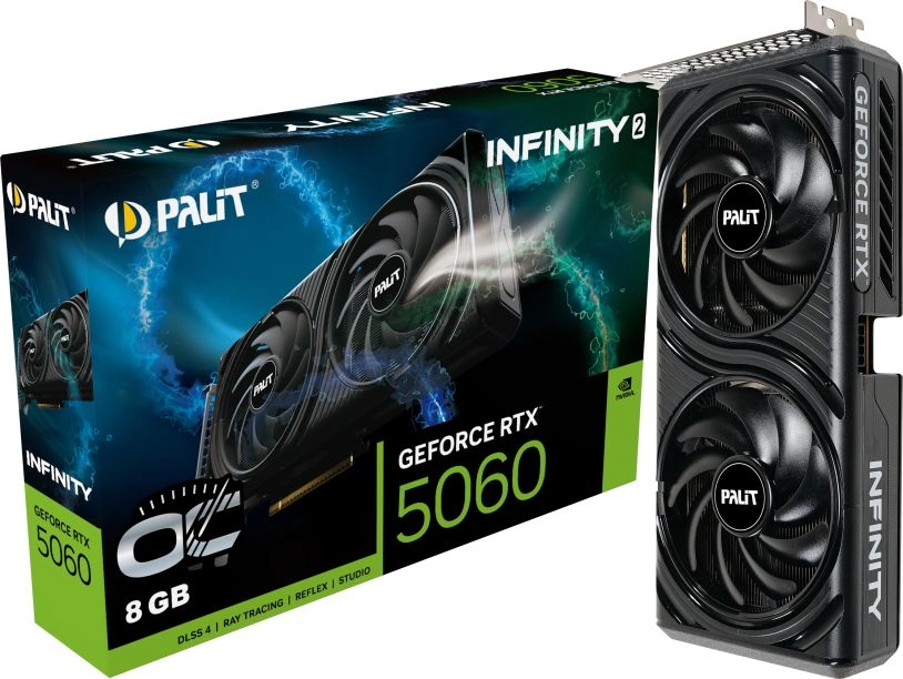 Видеокарта Palit PCI-E 5.0 PA-RTX5060 INFINITY 2 OC NVIDIA GeForce RTX 5060 8Gb 128bit GDDR7 2280/28000 HDMIx1 DPx3 HDCP Ret Видеокарта Palit PCI-E 5.0 PA-RTX5060 INFINITY 2 OC NVIDIA GeForce RTX 5060 8Gb 128bit GDDR7 2280/28000 HDMIx1 DPx3 HDCP Ret