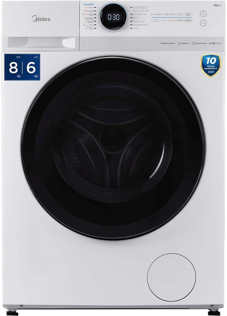 Стиральная машина Midea MF200D80WBS/W-RU класс: A загр.фронтальная макс.:8кг (с сушкой) белый инвертор