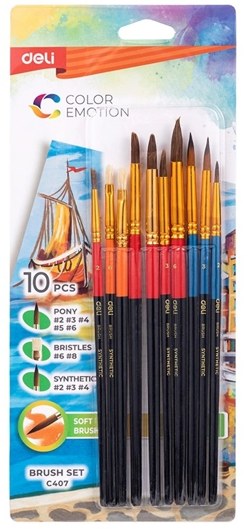 Набор кистей Deli EC407 (наб.10шт) пони кругл.№ 2,3,4,5,6/синт.круг.№2,3,4/плоск.№6,8