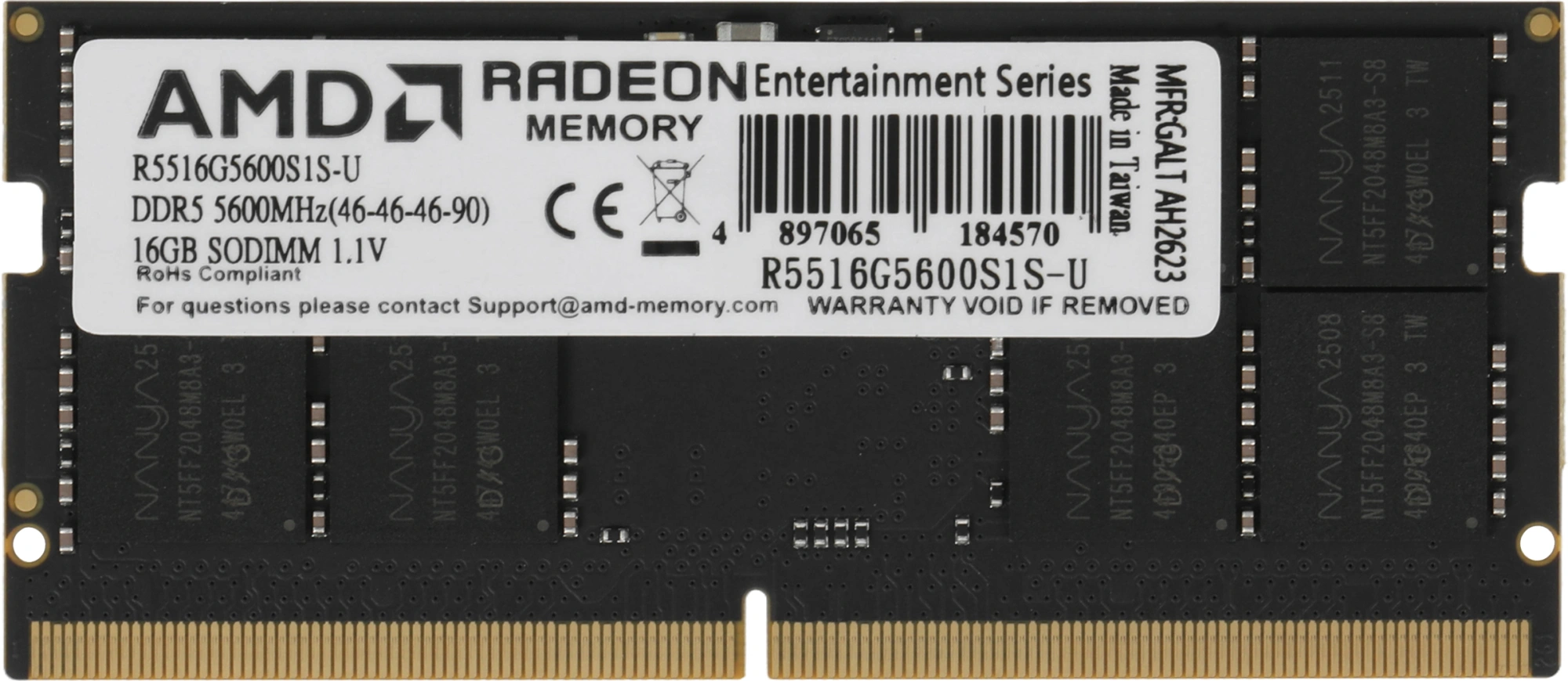 Память DDR5 16GB 5600MHz AMD R5516G5600S1S-U Radeon R5 RTL PC5-44800 CL46 SO-DIMM 262-pin 1.1В Ret