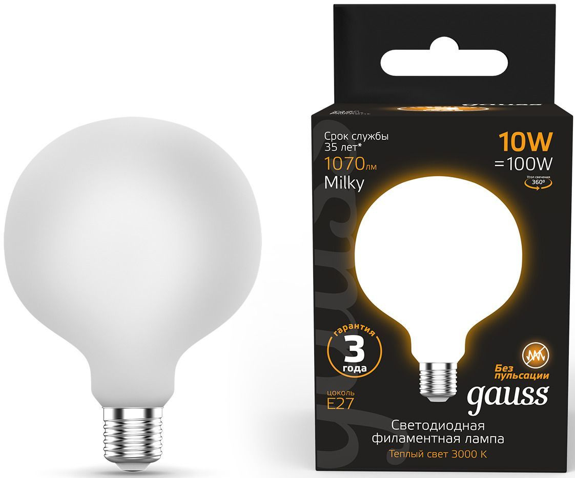 Лампа светодиодная Gauss Filament 189202110 10Вт цок.:E27 шар 220B св.свеч.бел.теп. (упак.:1шт)